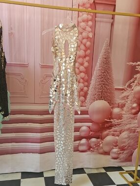 Sequin Mirror Mosaic White Evening Gown